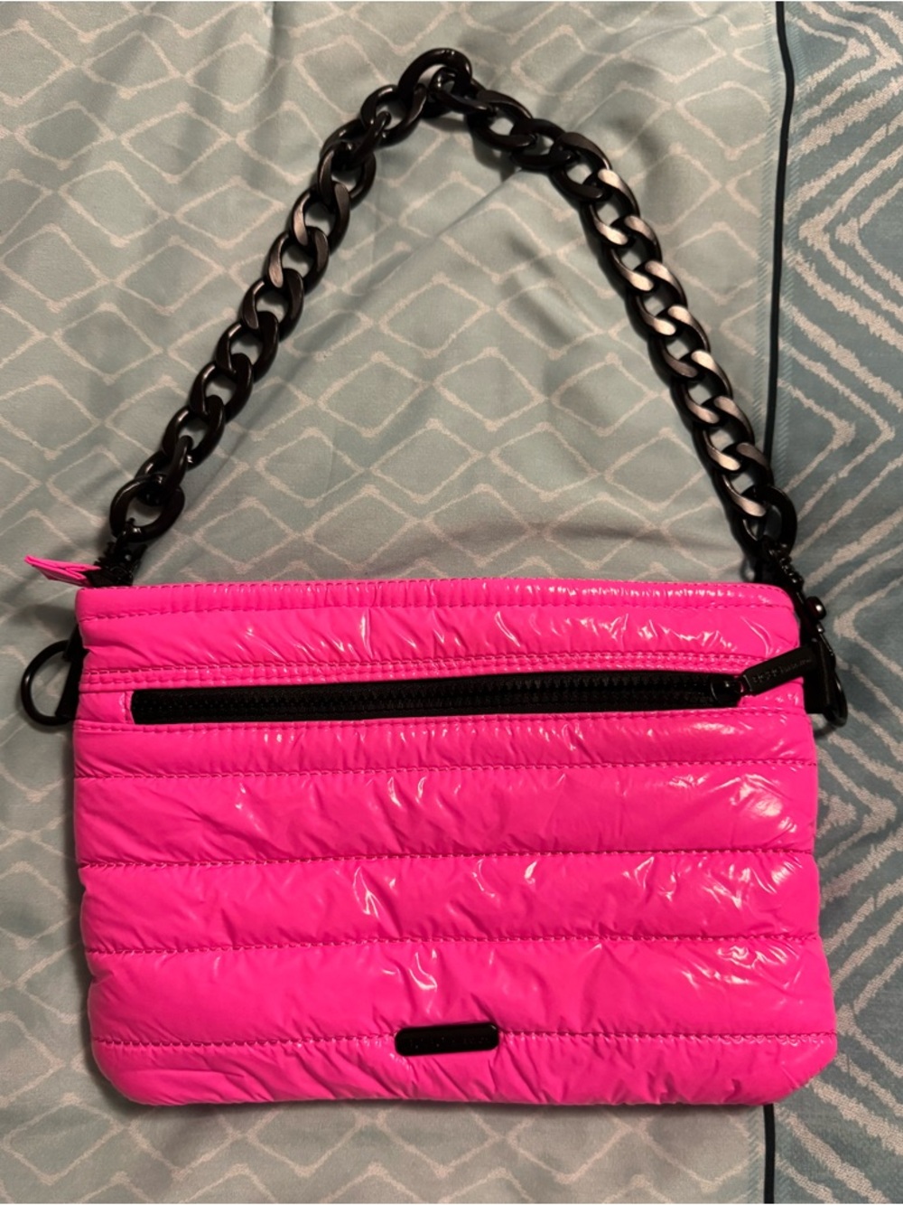 Women's Hot Pink Quilted Shoulder Bag with Black Chain Strap